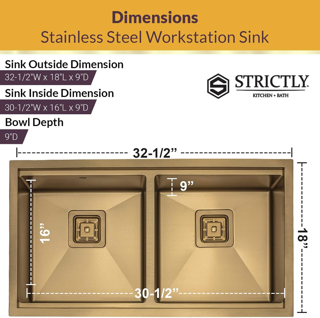 Strictly Sinks 32' Gold Undermount Workstation Kitchen Sink– Scratch and Stain Resistant –16 Gauge Double Bowl Bottom Grid, Wooden Cutting Board, Colander 1 Disposal Adapter & 2 Strainer Drains