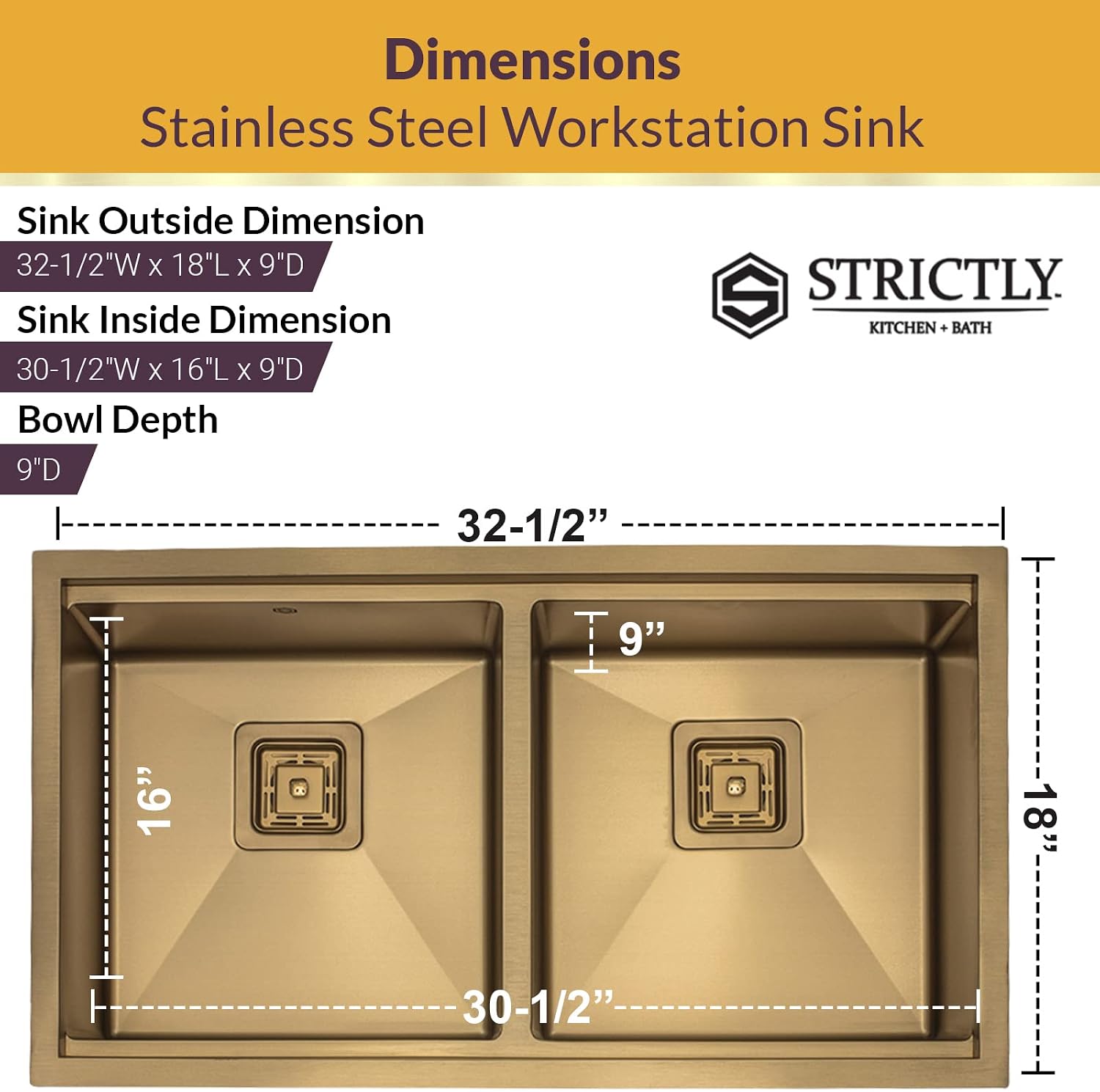 Strictly Sinks 32' Gold Undermount Workstation Kitchen Sink– Scratch and Stain Resistant –16 Gauge Double Bowl Bottom Grid, Wooden Cutting Board, Colander 1 Disposal Adapter & 2 Strainer Drains