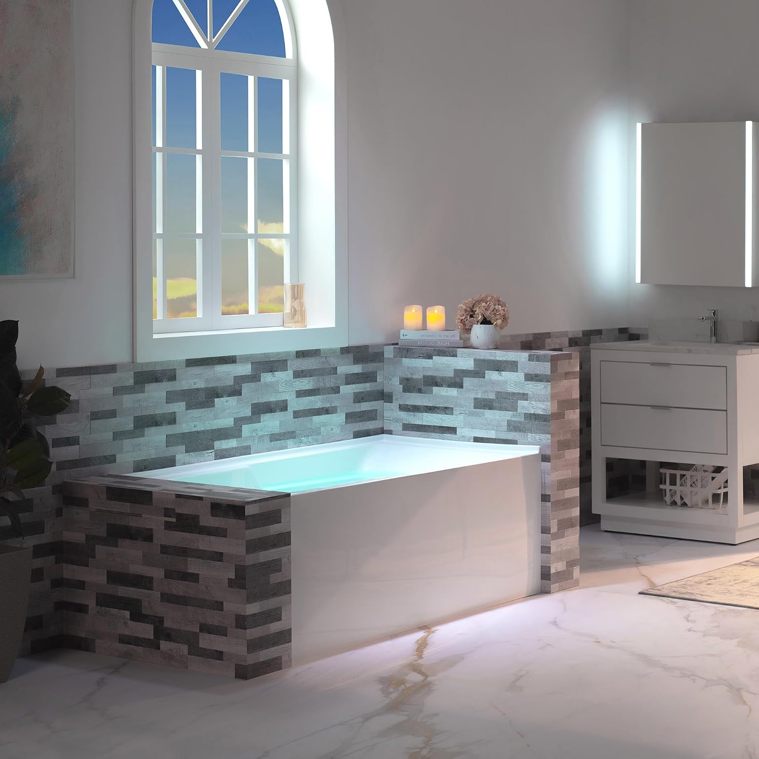 WOODBRIDGE 54' Acrylic Rectangular Alcove Soaking Bathtub in White with Left Drain, Brushed Gold pop-UP Drain Included BA5430L