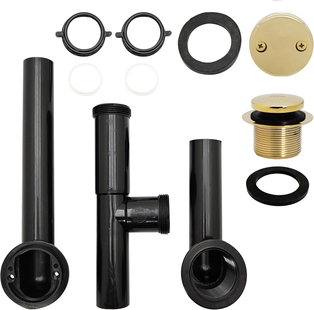 Westbrass 593144-12-01 14' Black Poly Tubular Bathtub Waste & Overflow Assembly with Tip-Toe Drain Plug and 2-Hole Faceplate, Polished Brass (12-Pack)