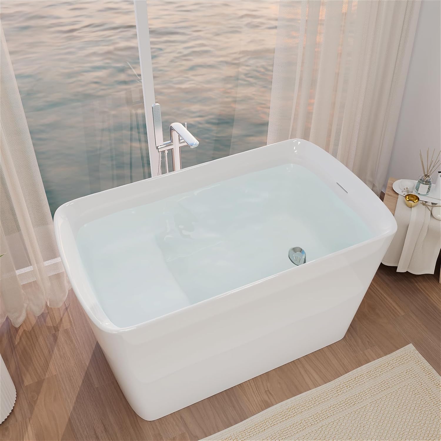 47' Lucite Acrylic Freestanding Bathtub，Square Shape Japanese Soaking Tub with Seat Desgin,Toe-tap Chrome Right Drain, Slotted Overflow, cUPC Certified,Glossy White