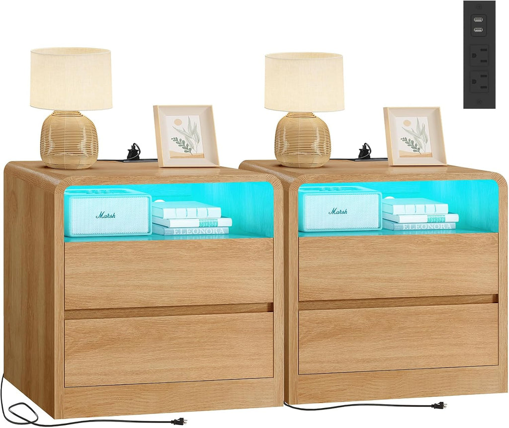 TEENFON Nightstands Set of 2 with Charging Station & LED Lights, Curved Corner Bedside Table 21.7' W, 2 Drawers & Open Shelf, USB-C & USB Ports, Natural, Storage End Table for Bedroom/Living Room