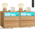TEENFON Nightstands Set of 2 with Charging Station & LED Lights, Curved Corner Bedside Table 21.7' W, 2 Drawers & Open Shelf, USB-C & USB Ports, Natural, Storage End Table for Bedroom/Living Room