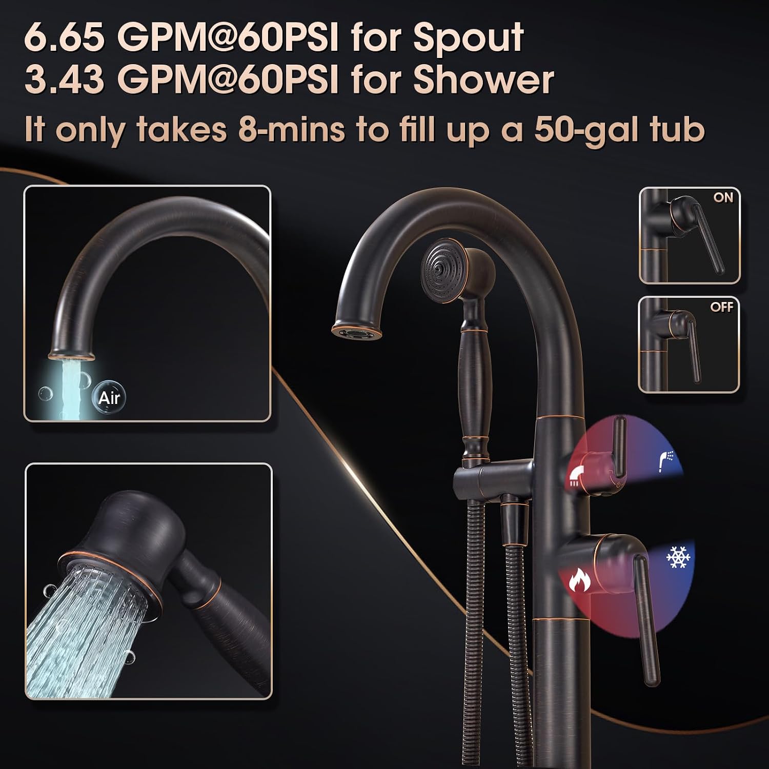Freestanding Tub Faucets Bathroom Floor Mounted Waterfall Tub Filler Brass High Flow Swivel Spout&Hand Shower Oil Rubbed Bronze