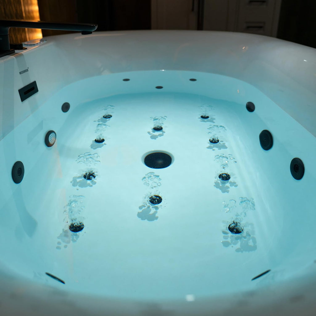 WOODBRIDGE 59' x 31-1/2' Whirlpool and Air Bath Heated Soaking Combination Tub with Adjustable Speed Air Blower, Tub Filler, and LED control panel, Matte Black Finish Trim and Drain Kit, BM100+F0051MB