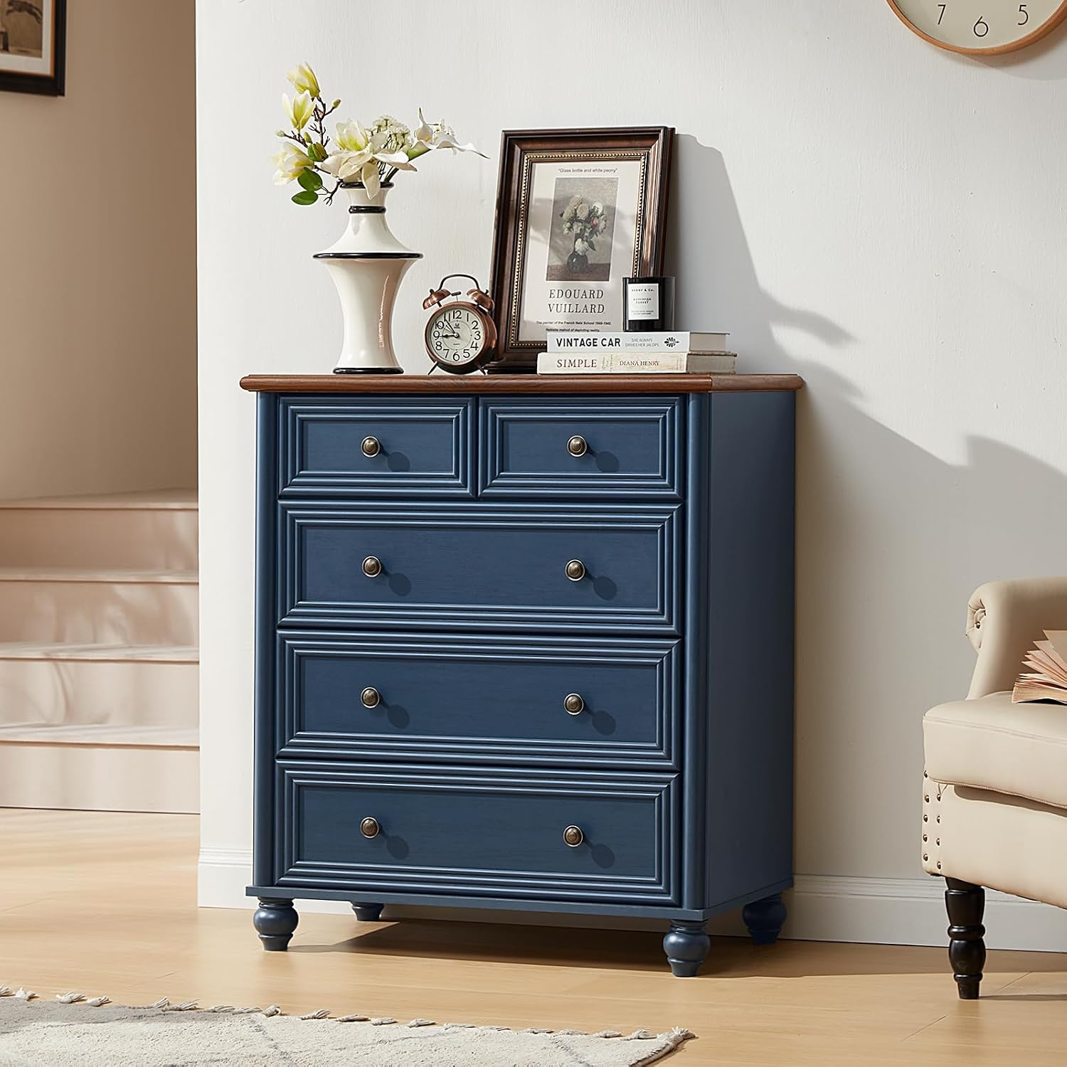 RWYHG Farmhouse 5 Drawer Dresser for Bedroom Set of 2, 35.5' Tall Small Dressers & Chest of Drawers, Rustic Wood Dresser with Roman Column, Storage Organizer for Living Room, Hallway, Closet (Blue)