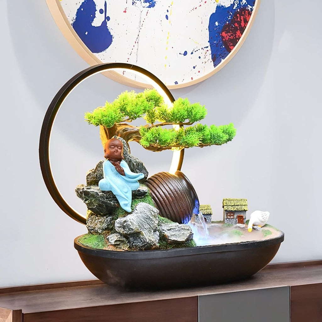 Desktop Fountain Indoor Water Fountain, Artificial Bonsai and Buddah Statute Tabletop Fountain with LED Lights Zen Fountain for Home Office Bedroom Desk Decoration Indoor Fountain