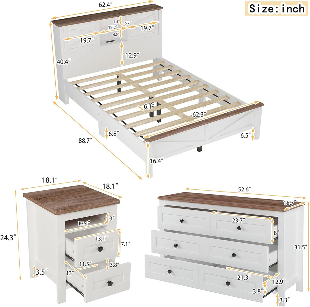 3-Pieces Bedroom Sets, Queen Size Farmhouse Platform Bed with Cabinet and Nightstand, Wood Bedroom Furniture Set with Storage Headboard, No Box Spring Needed (White+Brown/78)