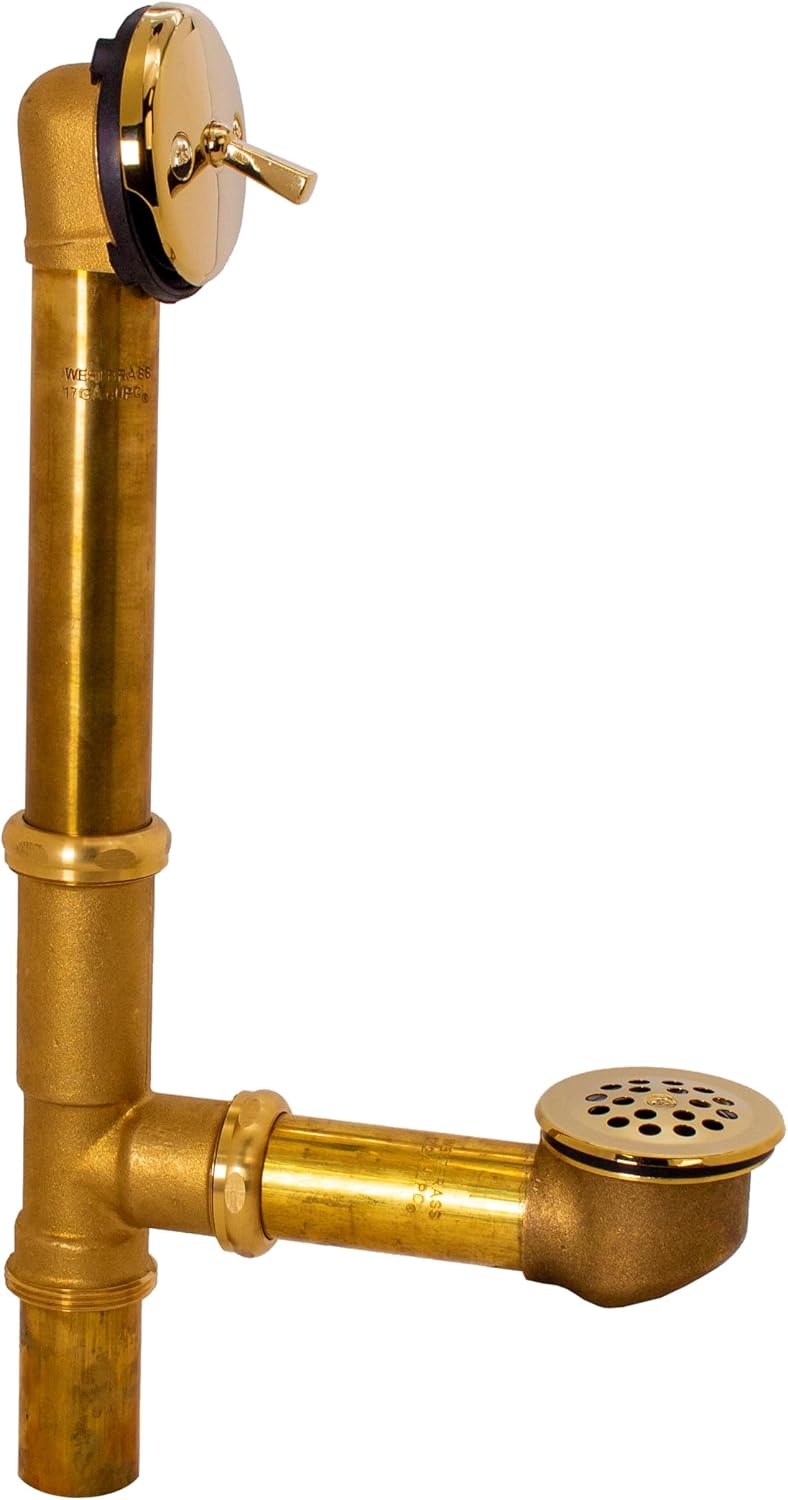 Westbrass A323-01 14' Bath Waste & Overflow Assembly with Trip Lever and Beehive Strainer Grid Drain, Polished Brass