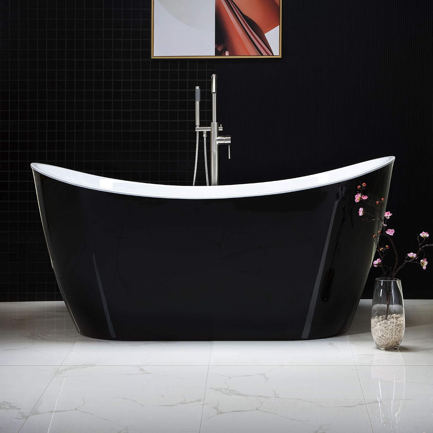 WOODBRIDGE 59' Acrylic Freestanding Bathtub Contemporary Soaking Tub with Brushed Nickel Overflow and Drain, B-1816 Black Color