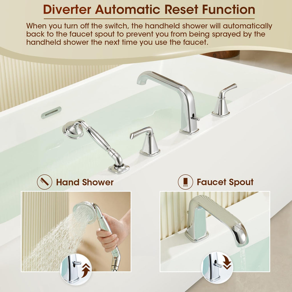 Roman Bathtub Faucet with Sprayer, Qinkell Tub Faucet Set with Valve, 4 Hole Deck Mount Tub Faucets, 2 Handle High Flow Tub Filler with Hand Shower and Supply Lines Polished Chrome