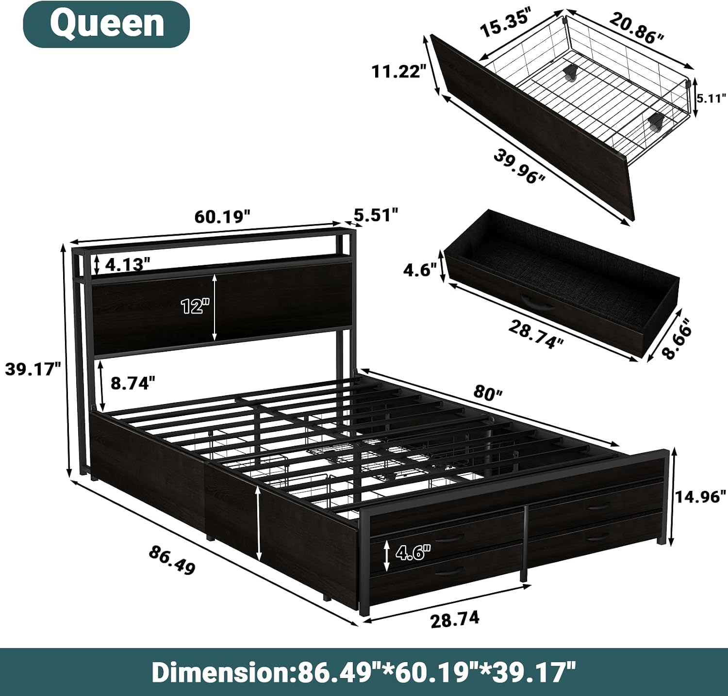 Zevemomo Queen Bed Frames with Headboard, Queen Size Storage Bed Frame with 8 Drawers, Built-in Charging Ports & Outlets, Adjustable Atmospheric LED Lights, Queen-Size Metal Foundation Beds, Black
