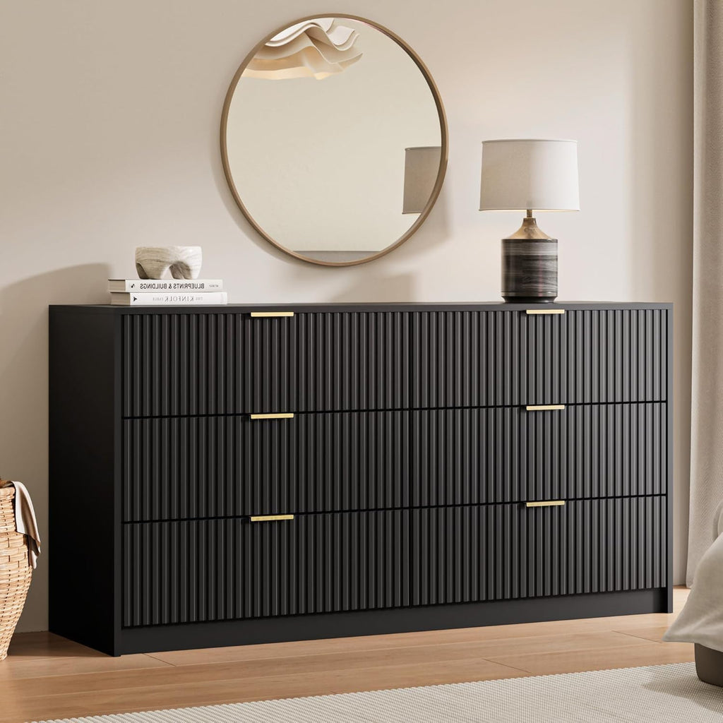 MAISONARIA 3-Piece Dresser Bedroom Set, 6 Drawer Dresser & 3 Drawer Nightstands with Gold Handles, Fluted Wood Chest of Drawers for Bedroom, Living Room, Entryway, Black