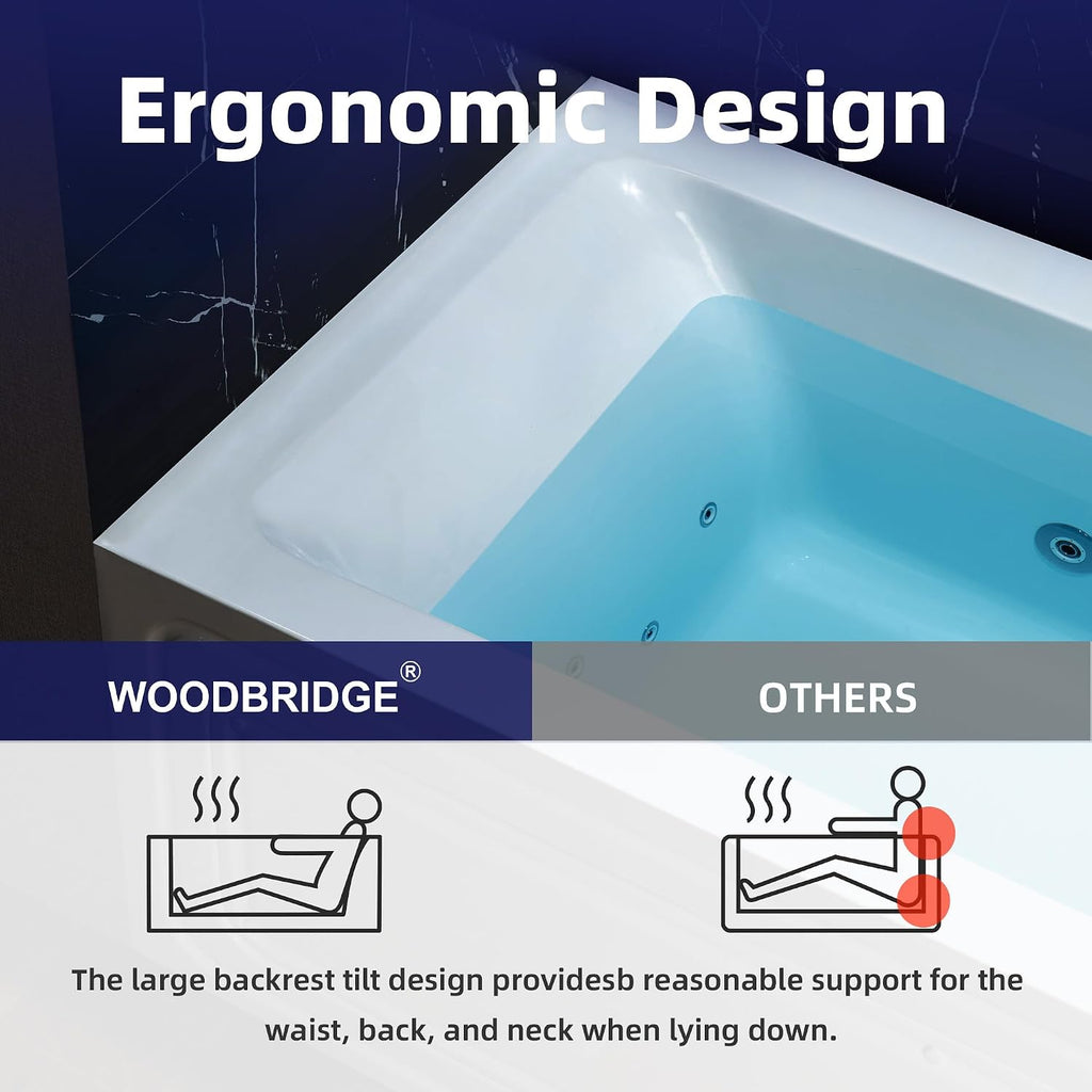 WOODBRIDGE 60' x 30' Alcove Acrylic Rectangular Whirlpool Heated Jetted Tub in White with right Drain, Polished Chrome Finish, BS666-R-CH01