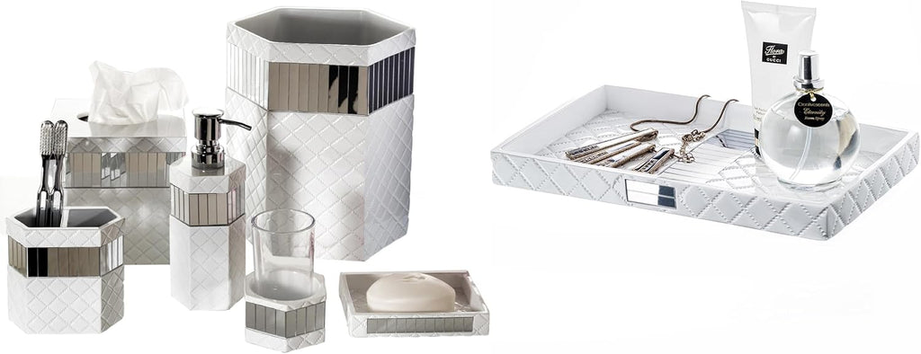 Creative Scents Quilted Mirror White Bathroom Accessories Set - 7 Pc Bathroom Set Includes Trash Can, Tissue Cover, Vanity Tray, Soap Dispenser, Toothbrush Holder, Tumbler & Soap Dish (Quilted Mirror)