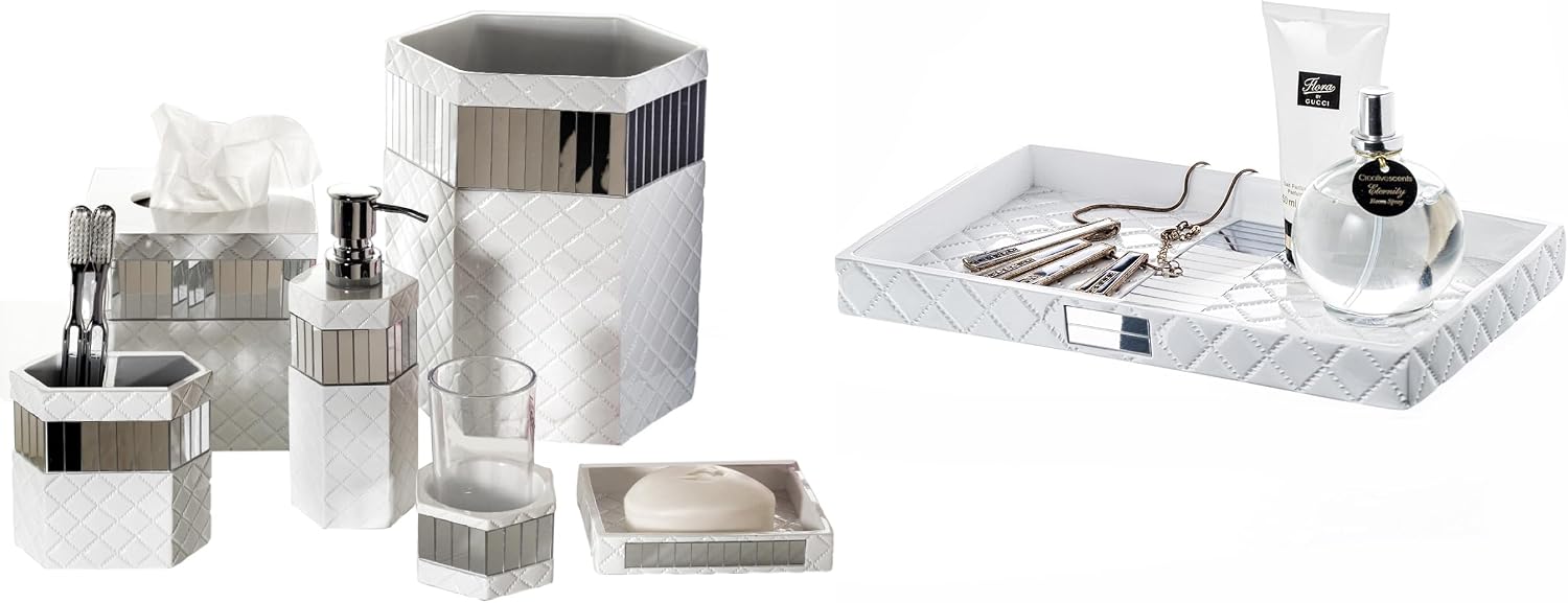 Creative Scents Quilted Mirror White Bathroom Accessories Set - 7 Pc Bathroom Set Includes Trash Can, Tissue Cover, Vanity Tray, Soap Dispenser, Toothbrush Holder, Tumbler & Soap Dish (Quilted Mirror)