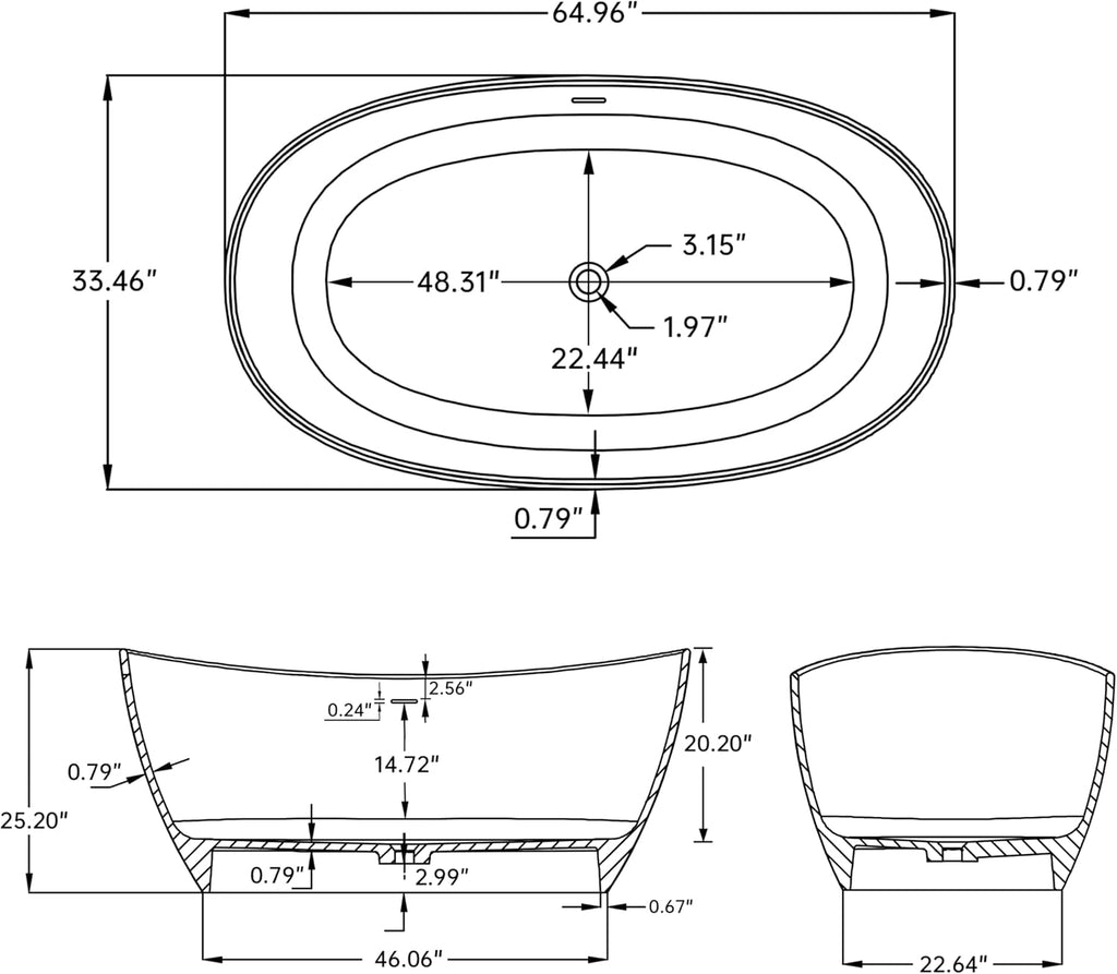 65'' Stone Resin Solid Surface Freestanding Bathtub, Modern Elegant Design Soaking Stand Alone Tub, Light Gray, Drain and Overflow Included
