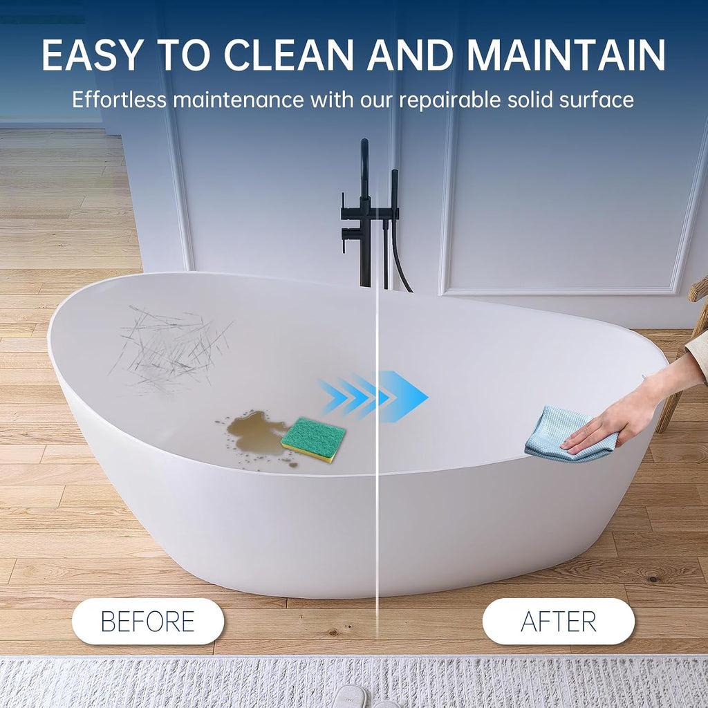 65' Free Standing Tub Bathtub Resin Stone, Solid Surface Freestanding Bathtub, Contemporary Soaking Tub Bathtubs with Overflow and Pop up Drain, Matte White