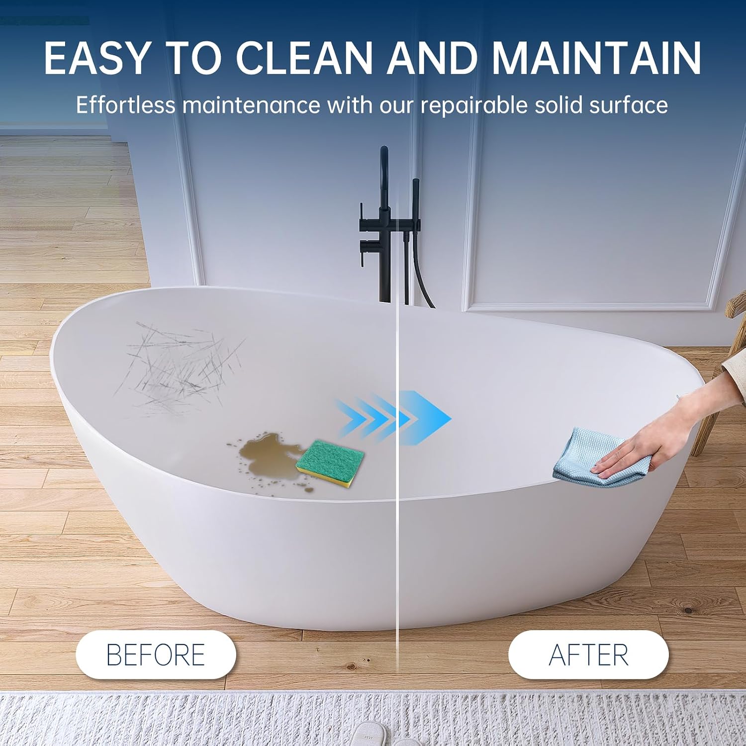 65' Free Standing Tub Bathtub Resin Stone, Solid Surface Freestanding Bathtub, Contemporary Soaking Tub Bathtubs with Overflow and Pop up Drain, Matte White
