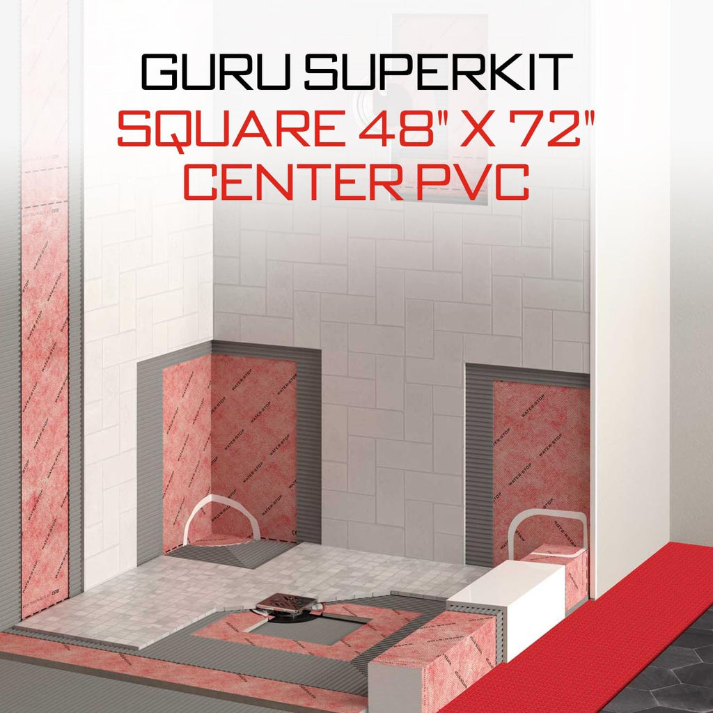 GURU USA SuperKit Square Complete Shower Kit with Heavy Duty Tray, Evo Lite Stainless Steel Drain, & Waterproof Membrane Roll, Bathroom Accessories, 48' x 72', Center Drain, PVC Connector