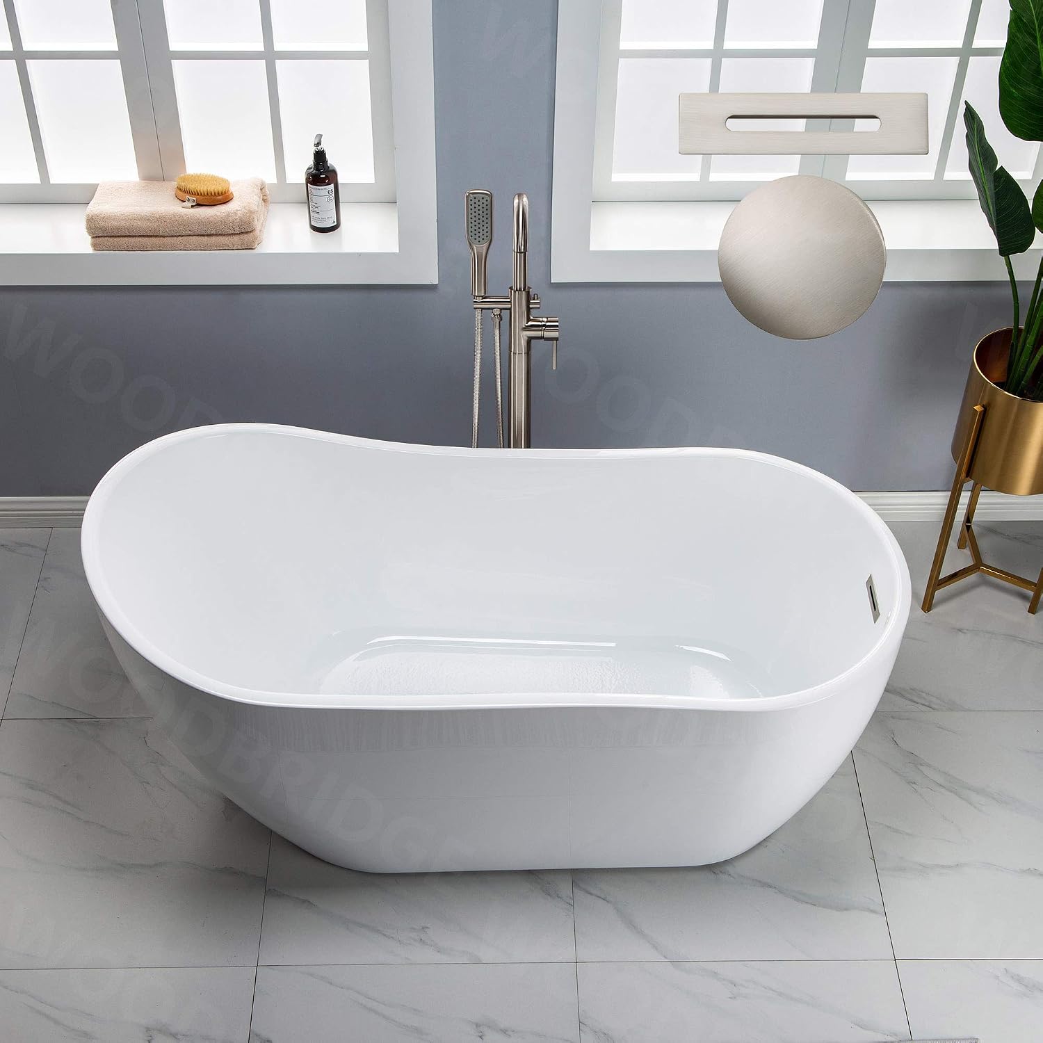 WOODBRIDGE 59' Acrylic Freestanding Bathtub Contemporary Soaking White Tub with Brushed Nickel Overflow and Drain，B-1530 -B/N-Drain &O