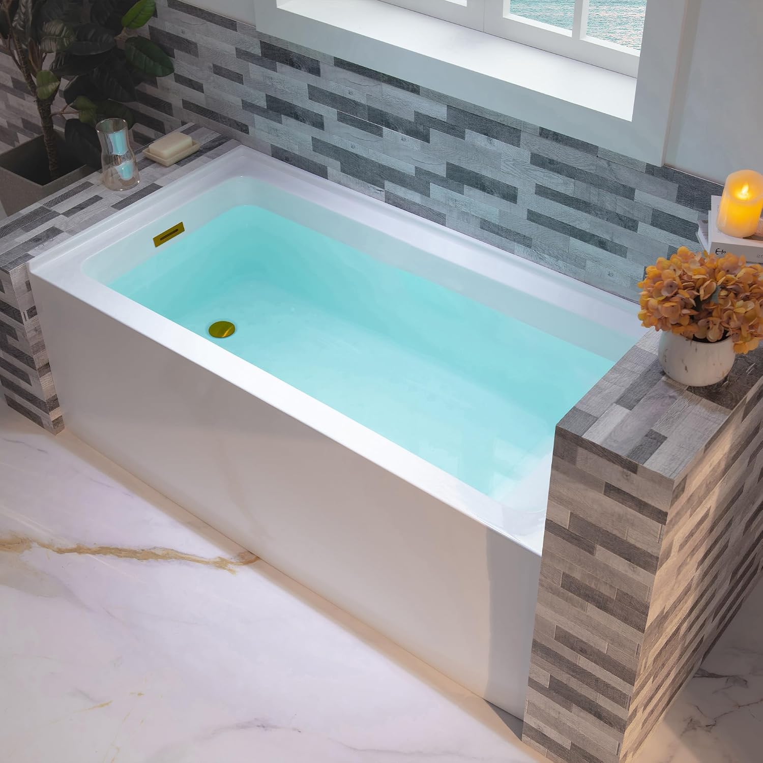 WOODBRIDGE 60' Acrylic Rectangular Alcove Soaking Bathtub in White with Left Drain, Brushed Gold pop-up Drain Included, LB429-L