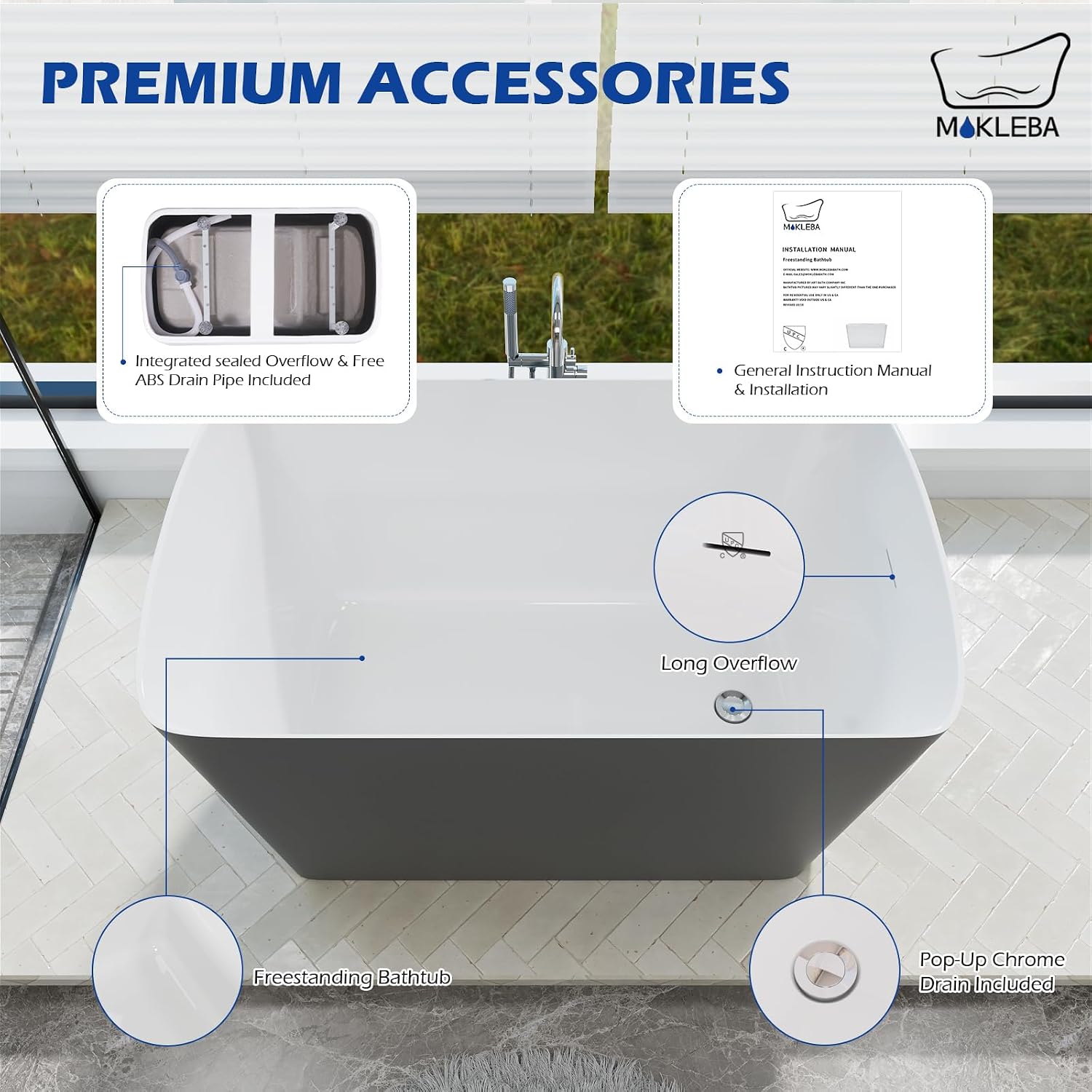 47' Lucite Acrylic Freestanding Bathtub，Square Shape Janpanese Soaking Tub,Toe-tap Chrome Right Drain, Slotted Overflow, cUPC Certified,Glossy 37°Gray
