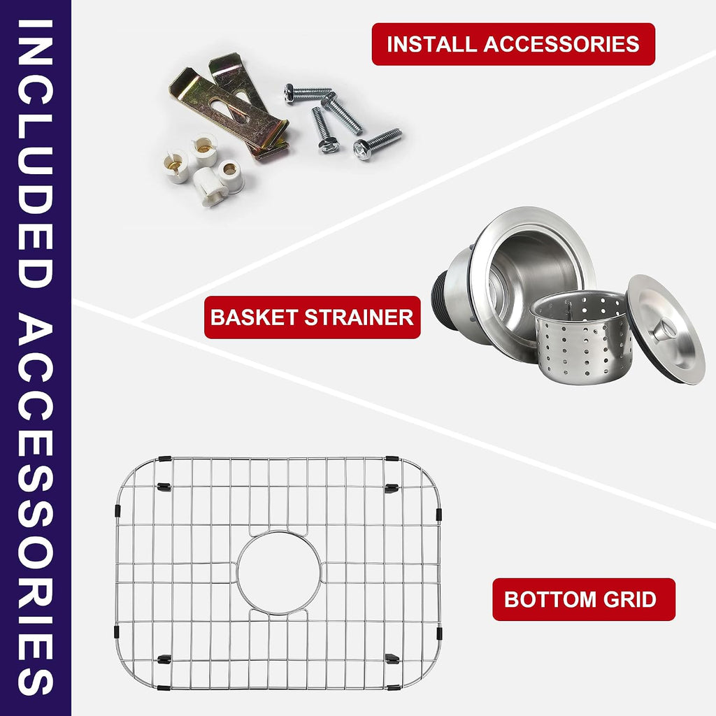 23 Inch Undermount Kitchen Sink 18 Gauge Stainless Steel Single Bowl Commercial Grade Satin Finish Bar Prep Sinks with Basket Strainer and Protected Grid 23' x 18' x 9'
