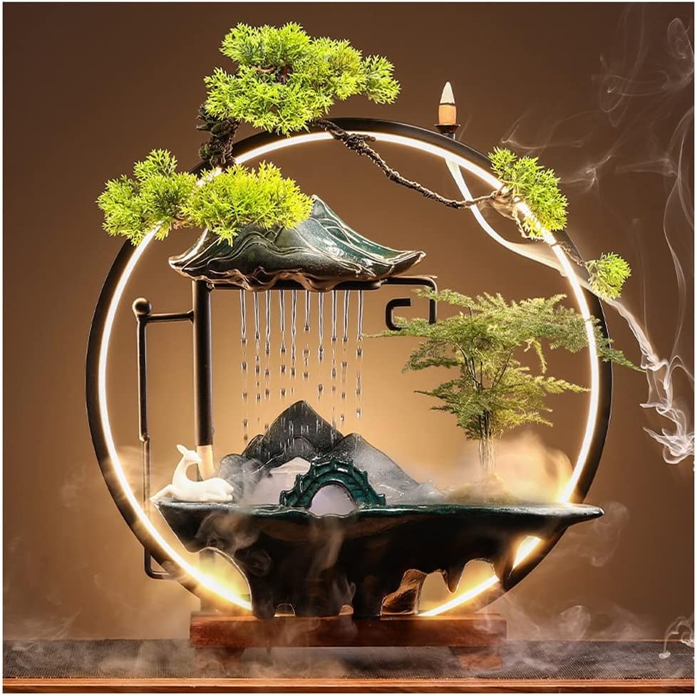 HIHELO Desktop Fountain Tabletop Fountain Chinese Ceramic Lucky Flowing Water Ornament Desktop Circulation Fountain Office Desktop Decoration Water Fountain Outdoor (Color : B)