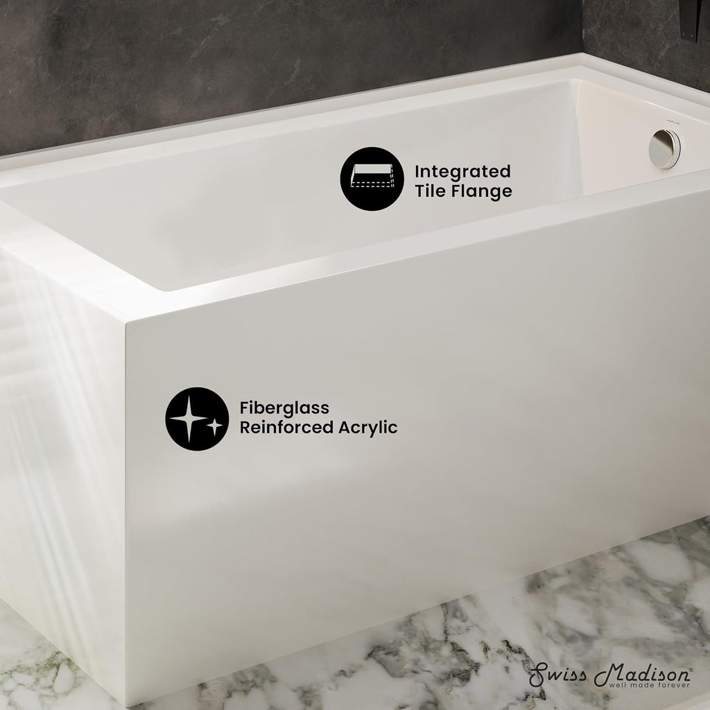 Swiss Madison Voltaire 72 x 36 Right Drain Soaking Alcove Corner Apron Bathtub in Glossy White