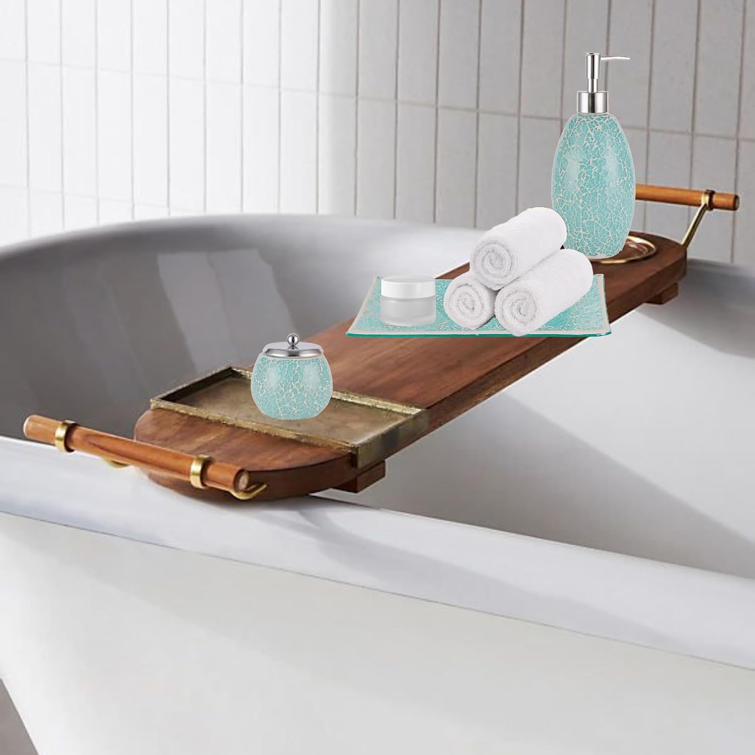 Modern Green Bathroom Accessories Sets 6 Pcs | Luxurious Toilet Brush, Small Trash Can, Glass Soap Dispenser, Toothbrush Holder, Cotton Glass Jar, Vanity Tray | Turquoise Bathroom Decor Mosaic Glass