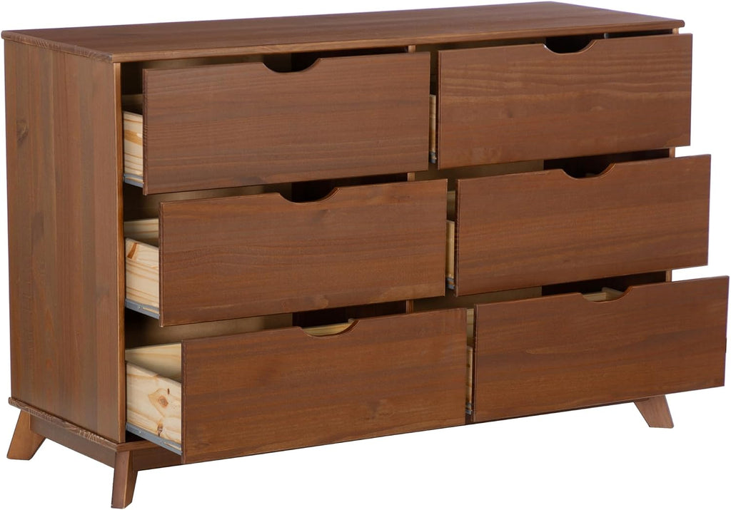 Powell Fordham Walnut Solid Pine Wood Twin Sized Platform Bed with Six Drawer Dresser and Set of 2 Two Drawer Nightstands