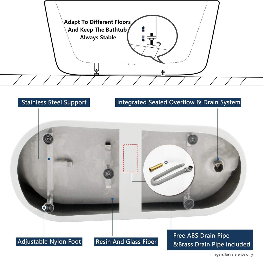 FerdY Langkawi 59' Acrylic Freestanding Bathtub, White Modern Stand Alone Soaking Bathtub, cUPC Certified, Chrome Drain and Minimalist Linear Design Overflow Included, Easy to Install