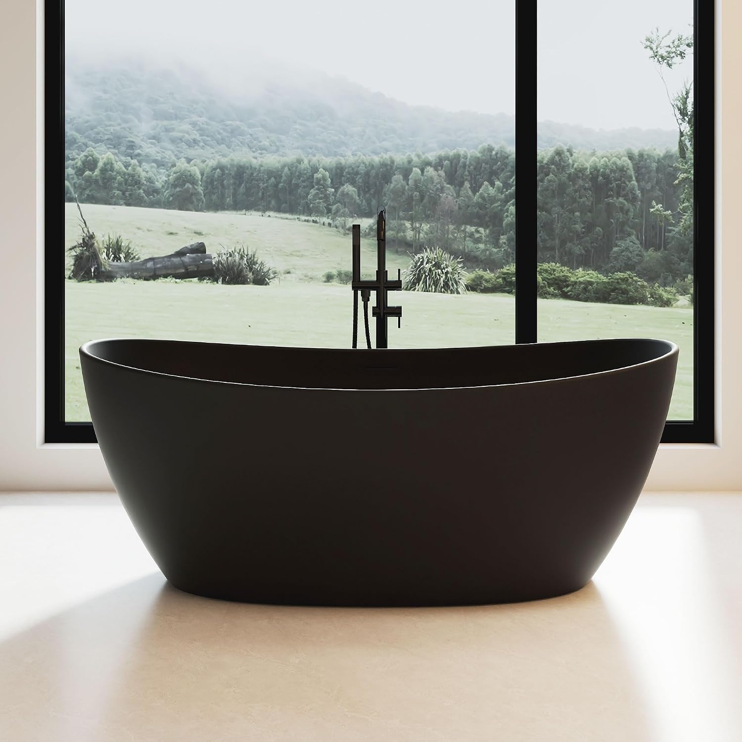 65' Stone Resin Black freestanding bathtubs，Transparent Oval Freestanding Tub Deep Soaking Bathtub Modern Tubs with Overflow and Pop-up Drain in Black
