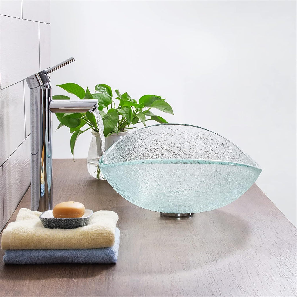 Tempered Glass Vessel Bowl Sink, Top Mount Installation Bathroom Sinks Above Counter, Oval Boat Vanity Countertop Sink Bowl with Chrome Faucet,Single Basin Set (Complete Set)