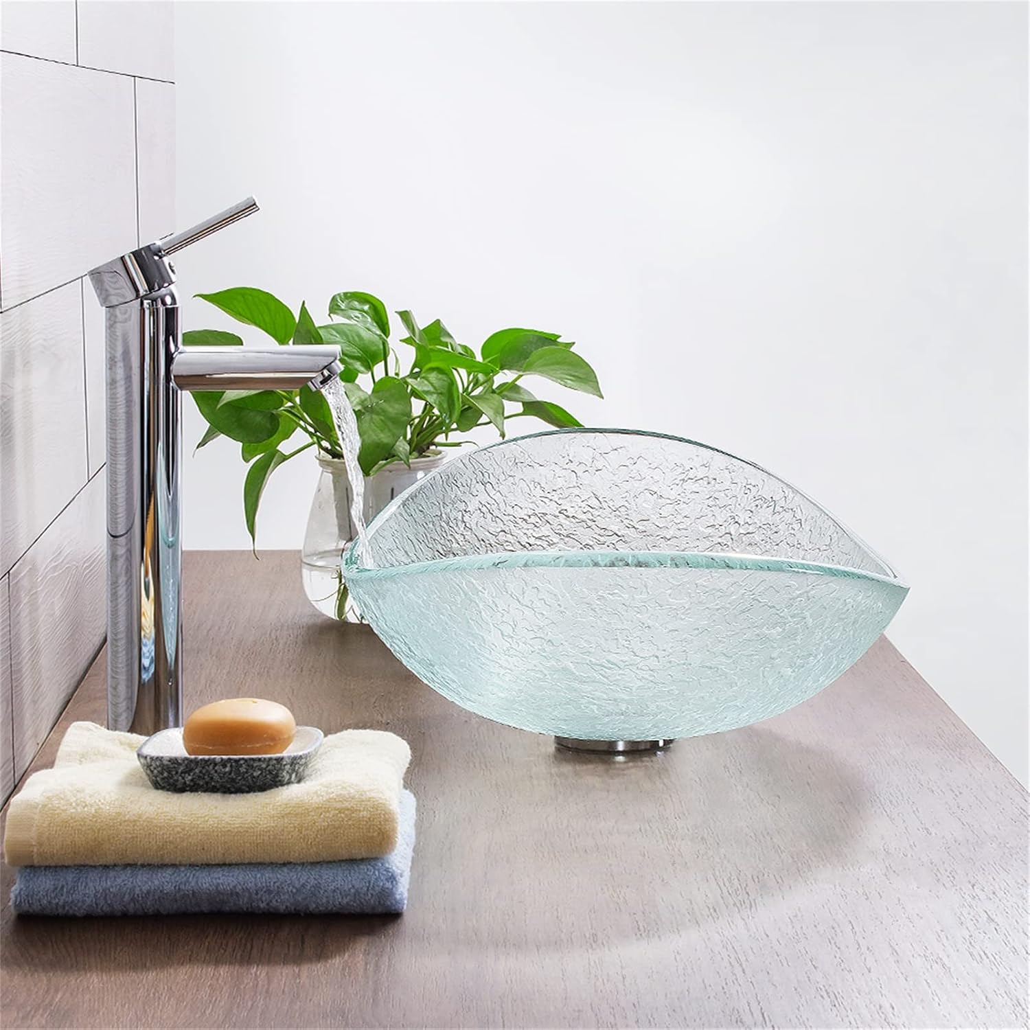 Tempered Glass Vessel Bowl Sink, Top Mount Installation Bathroom Sinks Above Counter, Oval Boat Vanity Countertop Sink Bowl with Chrome Faucet,Single Basin Set (Complete Set)