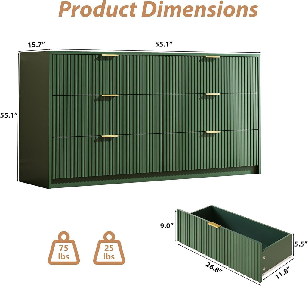 MAISONARIA 3-Piece Dresser Bedroom Set, 6 Drawer Dresser & 3 Drawer Nightstands with Gold Handles, Fluted Wood Chest of Drawers for Bedroom, Living Room, Entryway, Green
