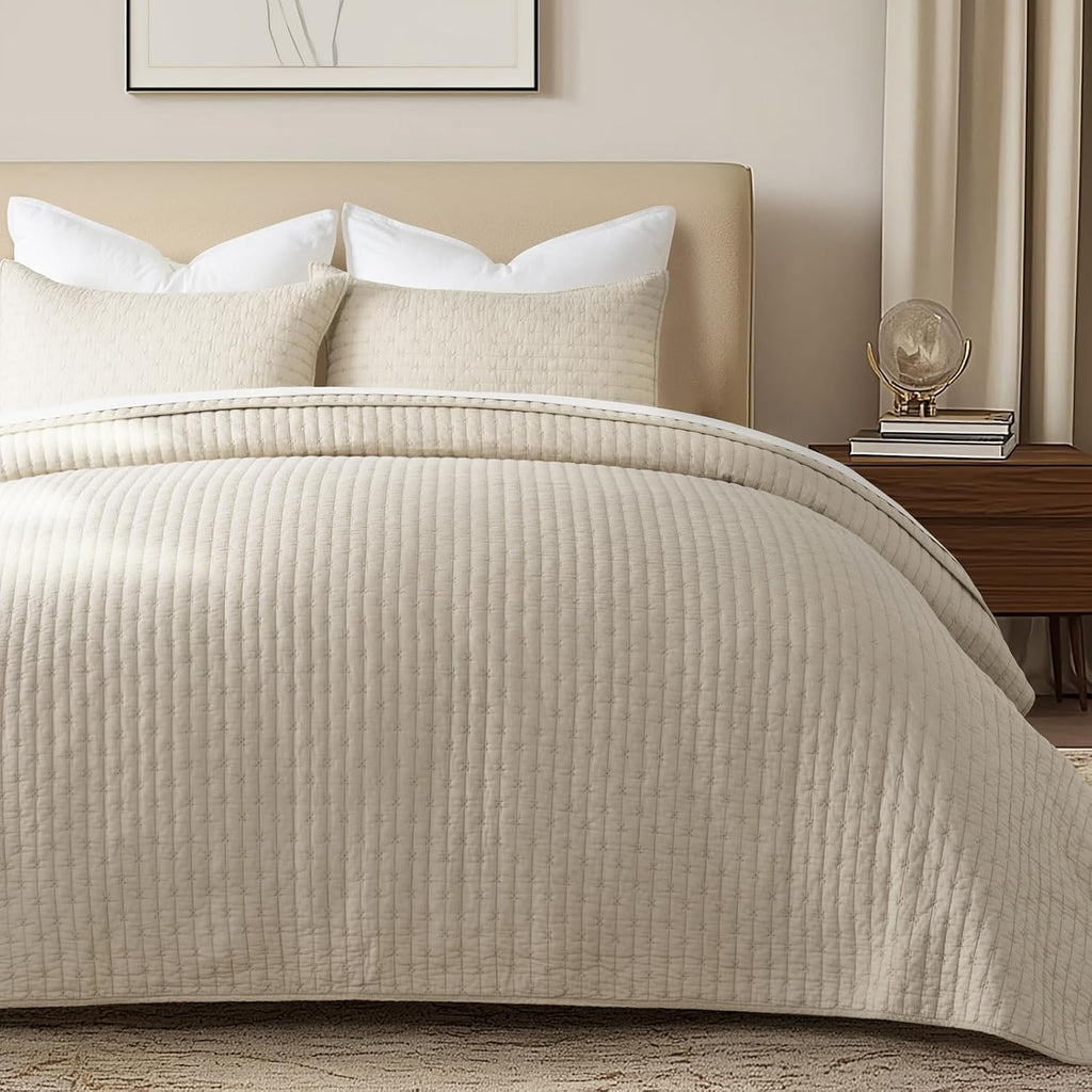 EVERGRACE Cross Stitch Pre-Washed Cotton Quilt Bedding Set King Size, Oversized 3 Pieces Lightweight Bedspread Coverlet for All Season, with 2 Matching Shams, Flax Beige,108'x96'
