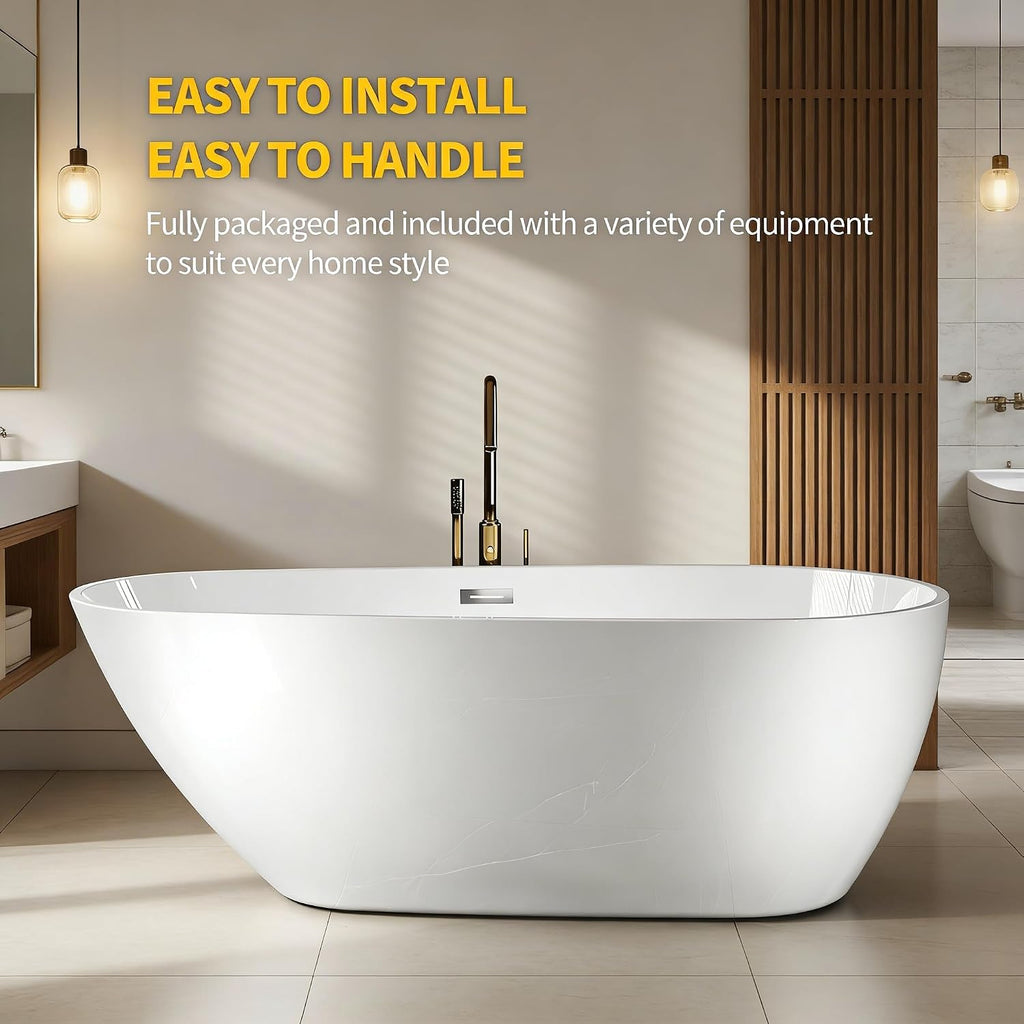 Garvee 67' Deep Soaking Bathtub, Non-Slip Acrylic Tub with Chrome Drain, cUPC Certified, Ergonomic Modern Bath for Bathrooms, Easy-Install, White Pearl