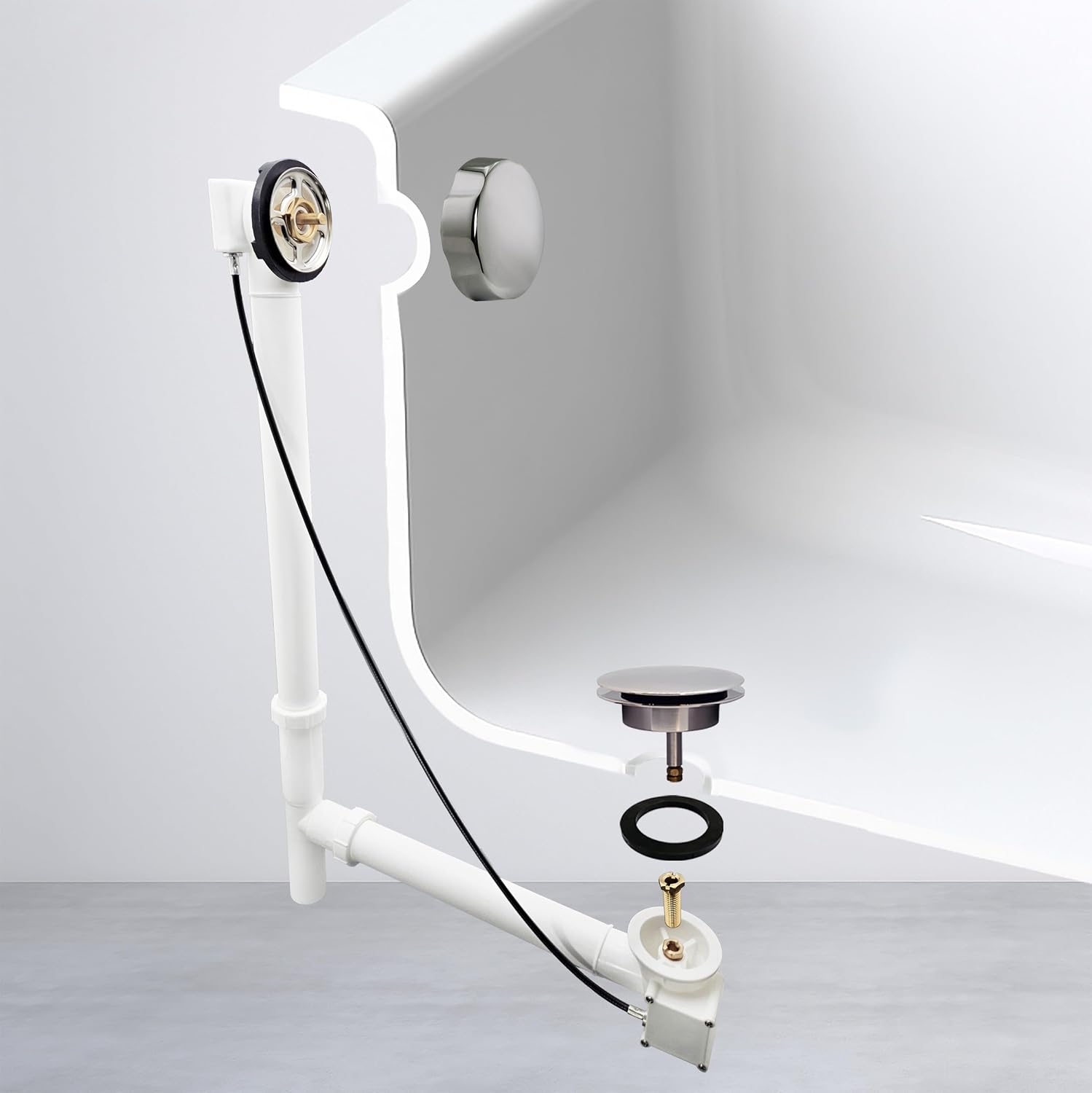 Westbrass D50P27TLE-05 27' Cable Drive Standard Bath Drain Trim Kit with Rotary Overflow Cover Knob, Pop-Up Stopper and Poly Tubular Pipes & Fittings, Polished Nickel (4-Pack)