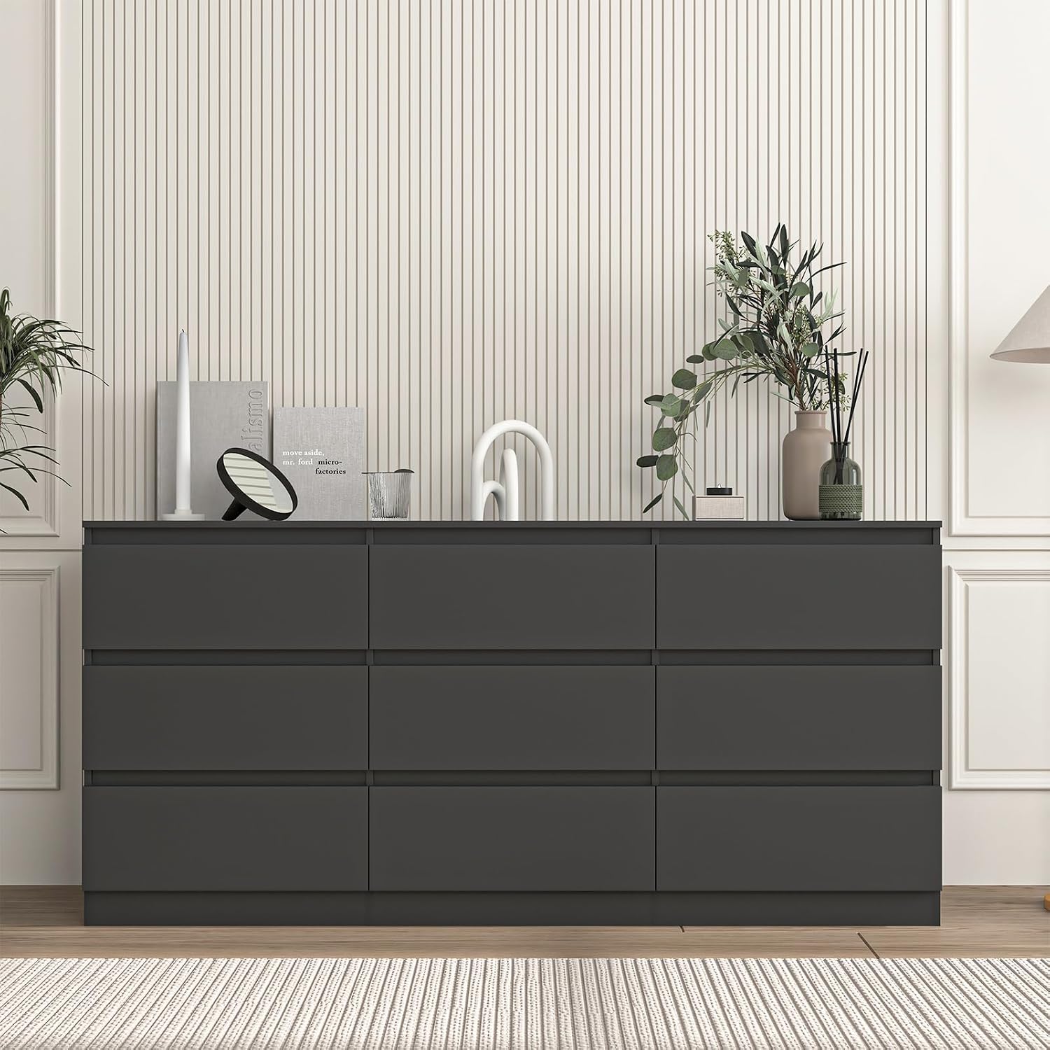 Vibe & Dine Black Dresser 9 Drawer, Modern Long Dresser for Bedroom, Wood Chest of Drawers with Wide Storage for Living Room