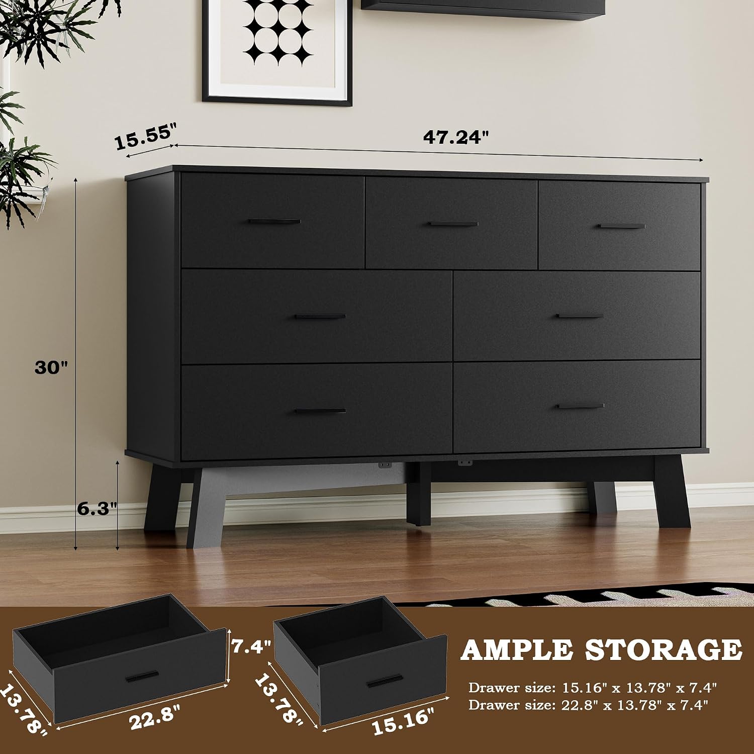BORNOON Dresser for Bedroom with 7-Drawer, 47.2' Wide Modern Chest of Drawers with Metal Handles, X-Shape Base & Adjustable Center Leg, Anti-Tip Closet Organizers and Storage