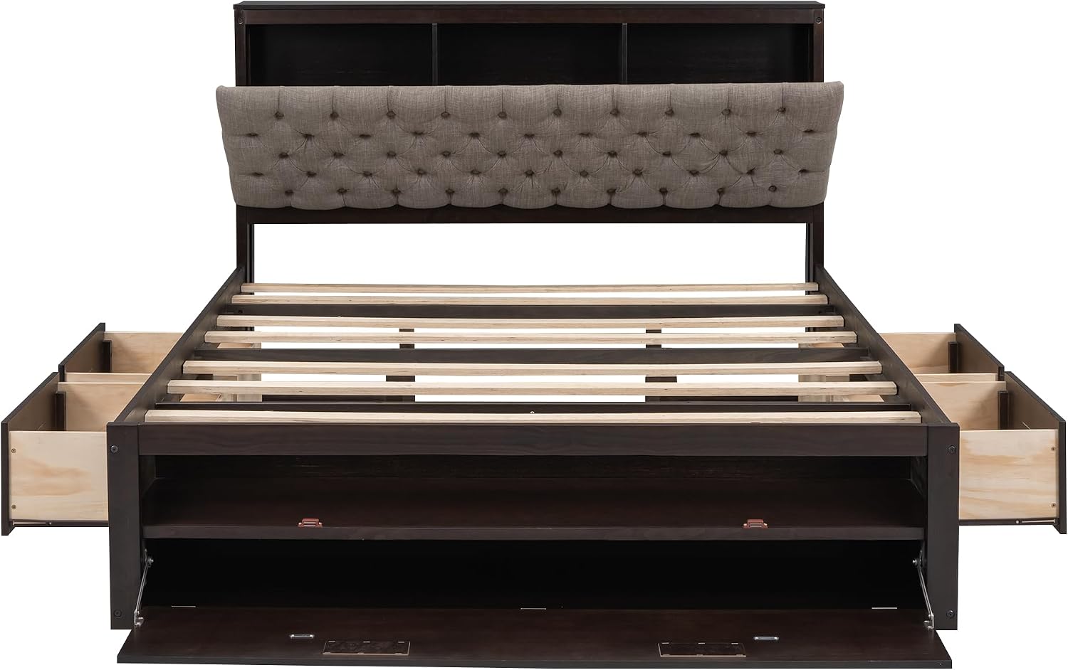 Modern Queen Size Platform Bed with Upholstered Storage Headboard, Wood Platform Bed Frame with Shoe Rack and 4 Drawers, Sturdy Slat Support, Maximize Space (Espresso-21)