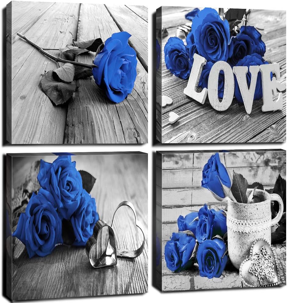 Blue Flower Wall Art Black and White Wall Decor Blue Rose Prints Paintings Artwork Bathroom Kitchen Living Room Home Decorations 20 x 20' Sets 4 Panels Rustic Romantic Floral Love Sign Frames Pictures