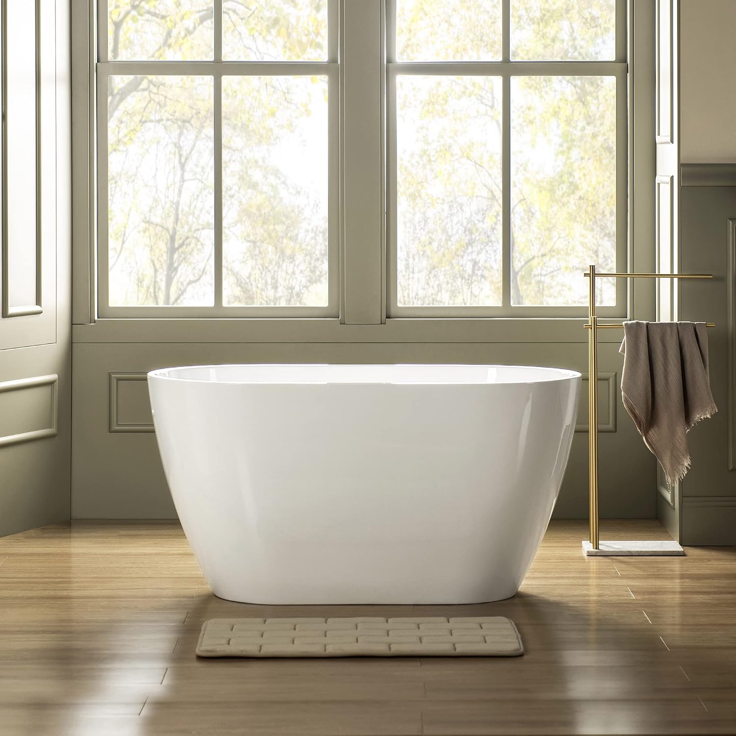 WOODBRIDGE 48' Acrylic Freestanding Bathtub Contemporary Soaking Tub, White Acrylic(Brushed Golden Drain/Overflow),BTA1703-BG-Drain&O