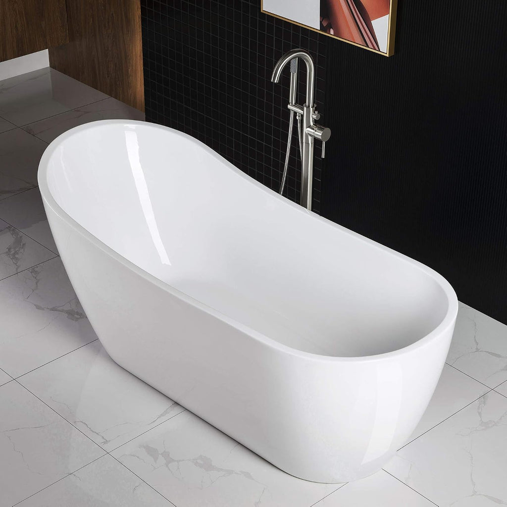 WOODBRIDGE 67' Acrylic Freestanding Bathtub Contemporary Soaking White Tub with Brushed Nickel Overflow and Drain,B-0001-BN