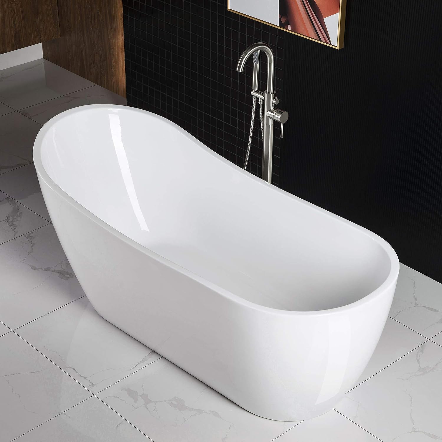 WOODBRIDGE 67' Acrylic Freestanding Bathtub Contemporary Soaking Tub, White Acrylic (Brushed Nickel Drain/Overflow),B-0001 -B/N-Drain &O