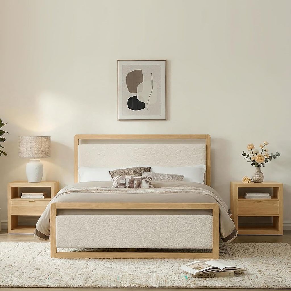 KISLOT 3 Pieces Bedroom Set, Wood Bed Frame with Upholstered Headboard & 2 Nightstands with Storage, Wooden Platform Mattress Foundation Farmhouse Bedroom Furniture Set