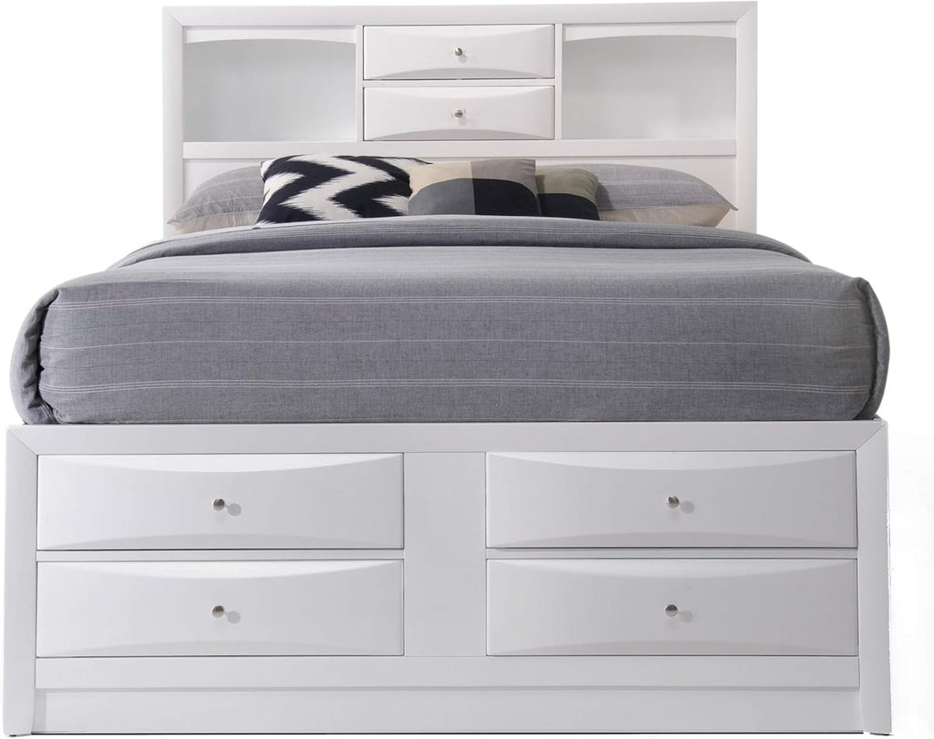 Queen Bed with Storage, Solid Wood Queen Size Bed Frame with Headboard (2 Bookcase, 2 Drawers), Footboard (4 Drawers), Rail with 2 Drawers, Wooden Slat, No Box Spring Needed, White