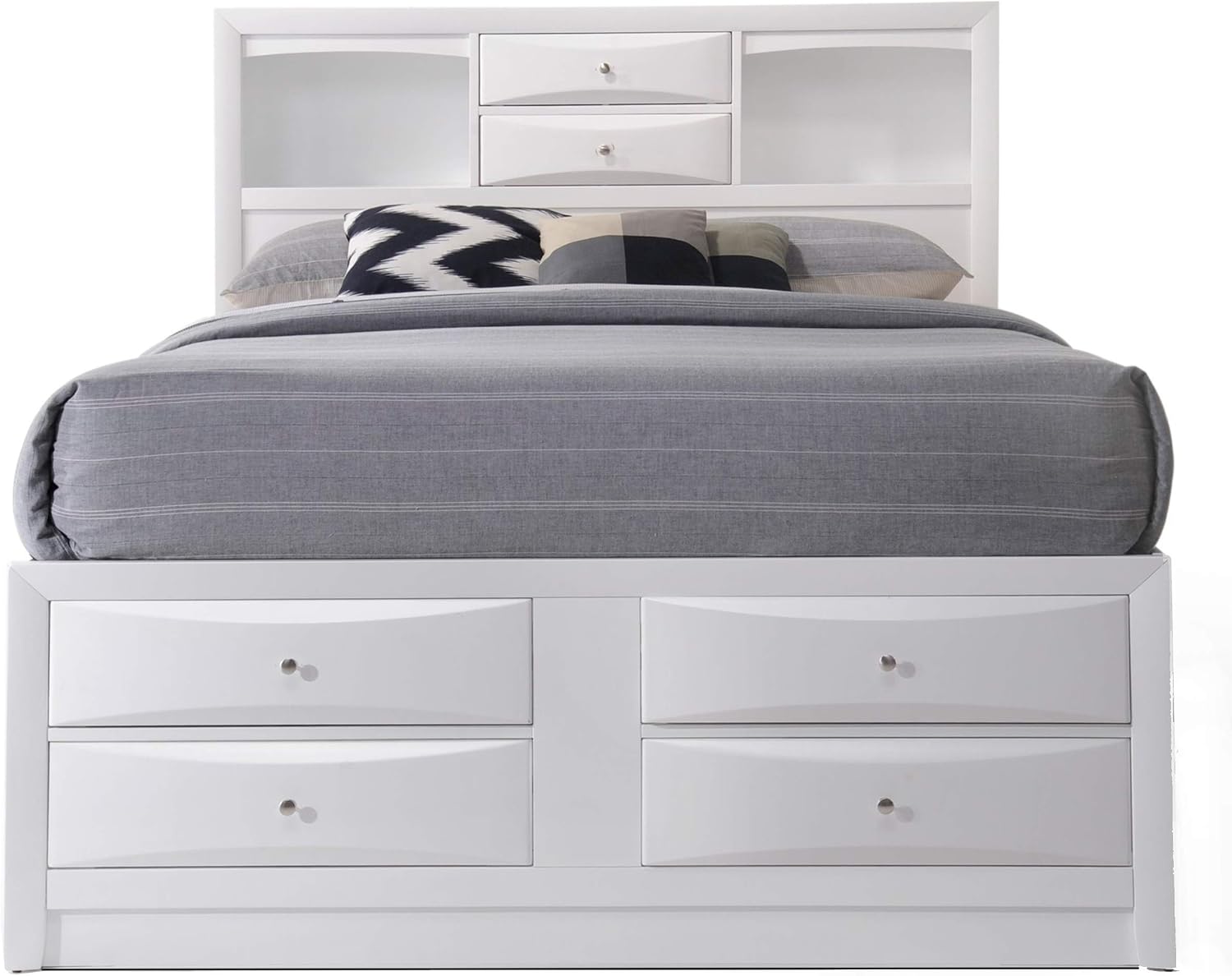 Queen Bed with Storage, Solid Wood Queen Size Bed Frame with Headboard (2 Bookcase, 2 Drawers), Footboard (4 Drawers), Rail with 2 Drawers, Wooden Slat, No Box Spring Needed, White